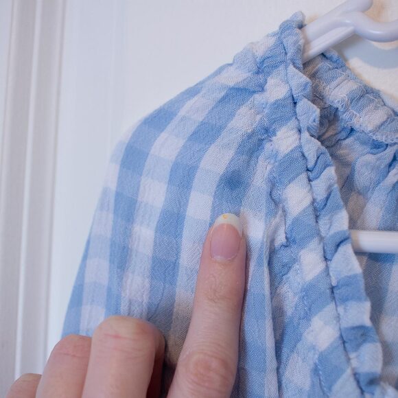 S Crown & Ivy Gingham Kawaii Peasant Smock Blouse Cute Baby Blue Ruffle Cottage - Picture 6 of 6